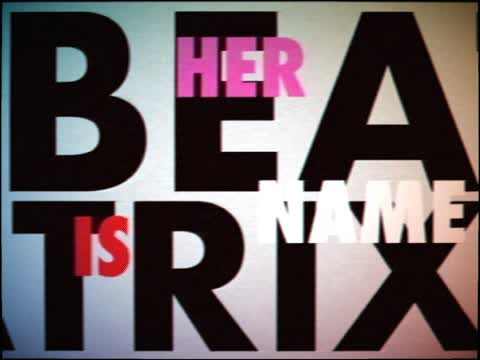 A frame from Notion Club's Her Name Is Beatrix lyric video, made with AnalogTV: large black display type with scanlines and chroma fringing