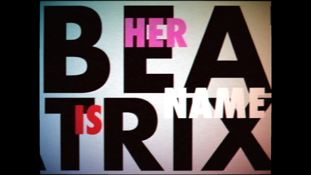 A frame from Notion Club's Her Name Is Beatrix lyric video: large black display type over a pale gradient, with visible scanlines and red and pink chroma fringing on the words HER and IS