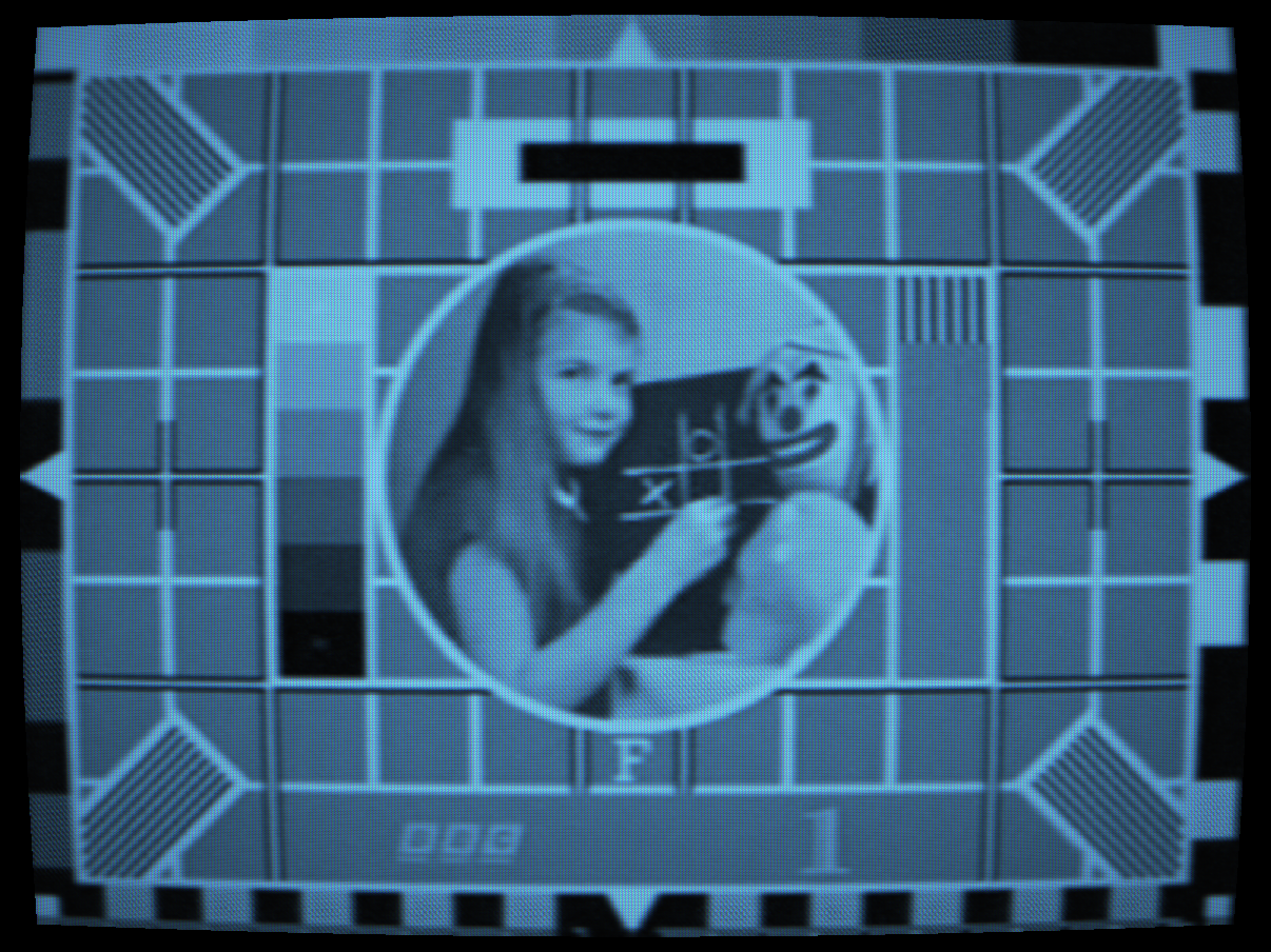 P4 white phosphor — Test Card F in B&W television white, shadow mask, scanlines
