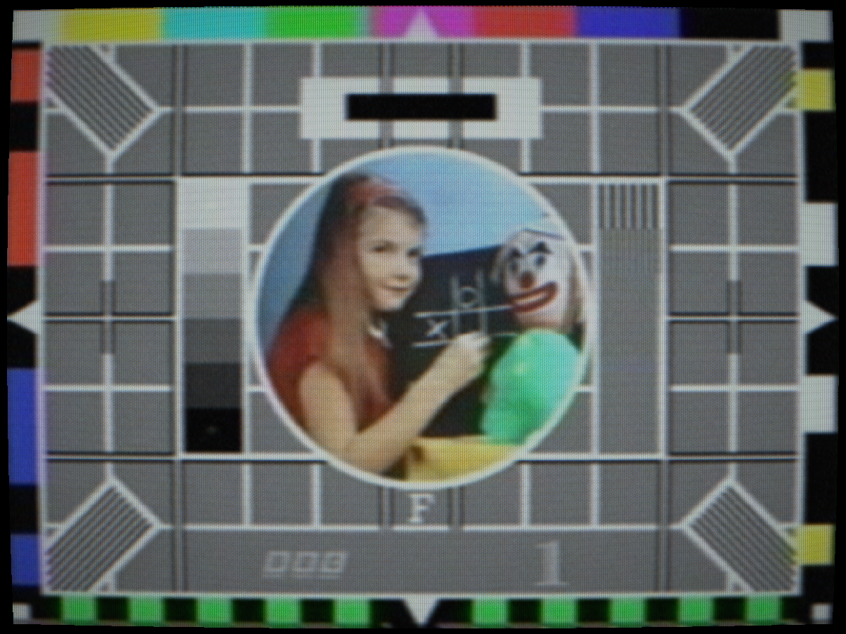 P22 colour CRT — NTSC colour bars through shadow mask and scanlines